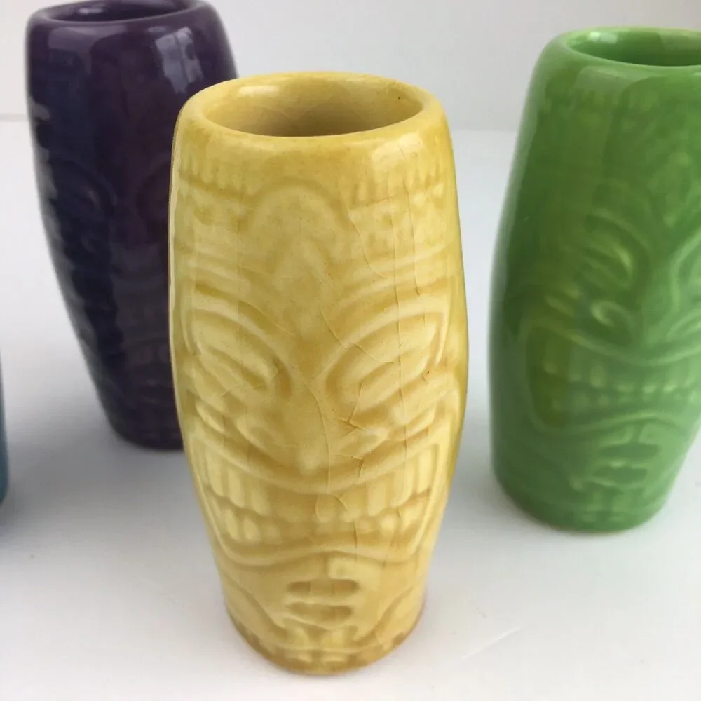 Tiki Farm Tropical Shot Glasses Set of 4 Yellow Purple Blue Green 4”